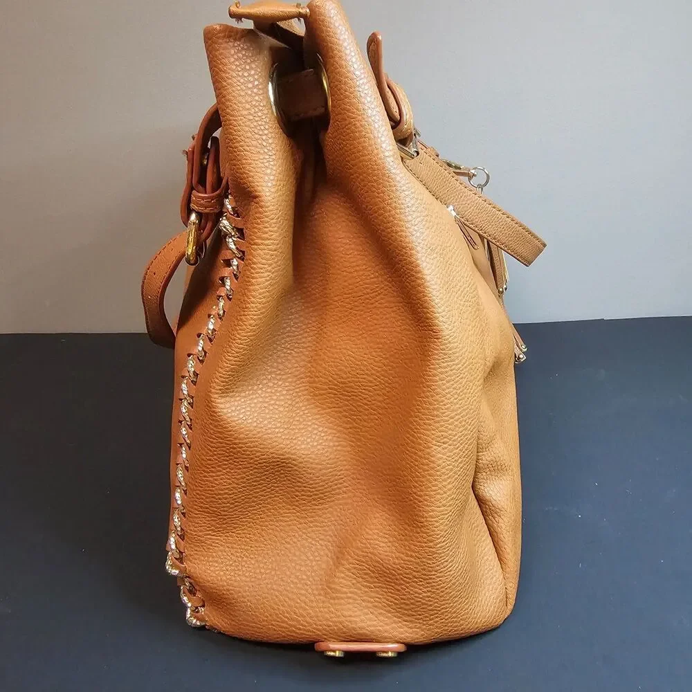 Anthropologie Melie Bianco Vegan Leather Camel Hobo Purse Handles Gold 11 x 16